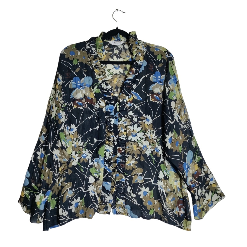 Allison Taylor Woman 1X Floral Ruffle Button Front Blouse Blue Green Tan 3053